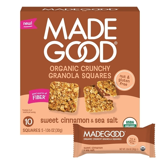MadeGood Sweet Cinnamon & Sea Salt Crunchy Squares, 6 x 5.3 oz Case - Snack Bars & Granola Bars