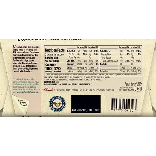 Chocolove Milk Chocolate Bar, 12 x 12 x 3.2 oz Case - DOT product image 5