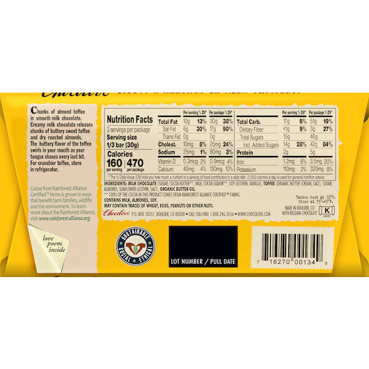 Chocolove Toffee & Almonds In Milk Chocolate, 12 x 12 x 3.2 oz Case - DOT product image 4