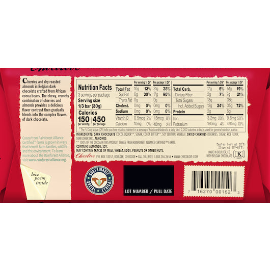 Chocolove Cherries & Almonds Dark Chocolate Bar, 12 x 12 x 3.2 oz Case - DOT product image 3