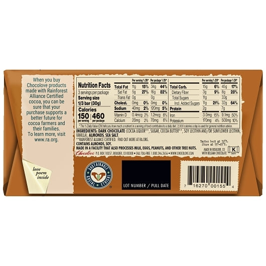Chocolove Almonds & Sea Salt Dark Chocolate Bar, 12 x 12 x 3.2 oz Case - DOT product image 2