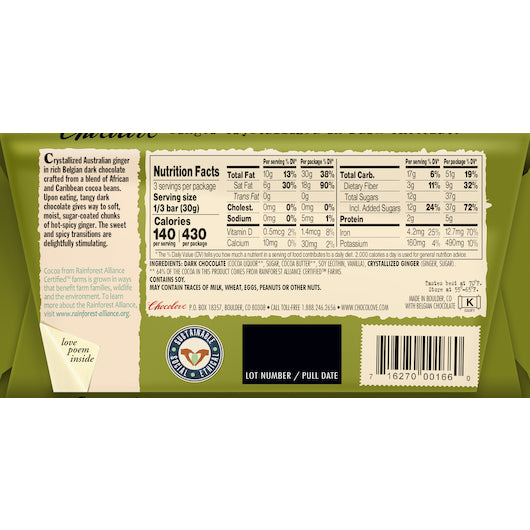Chocolove Ginger Dark Chocolate Bar, 12 x 12 x 3.2 oz Case - DOT product image 2
