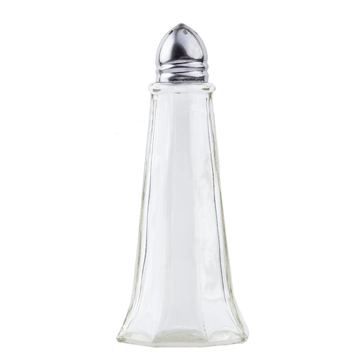 Tablecraft 1 Ounce Eiffel Salt and Pepper Chrome Top Glass Shaker, 1 x 24 each Case - Glassware & Drinkware