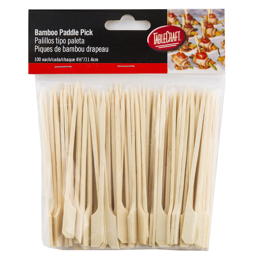 TableCraft 4.5 Inch Bamboo Paddle Pick, 1 x 100 ct Case - Toothpicks & Skewers