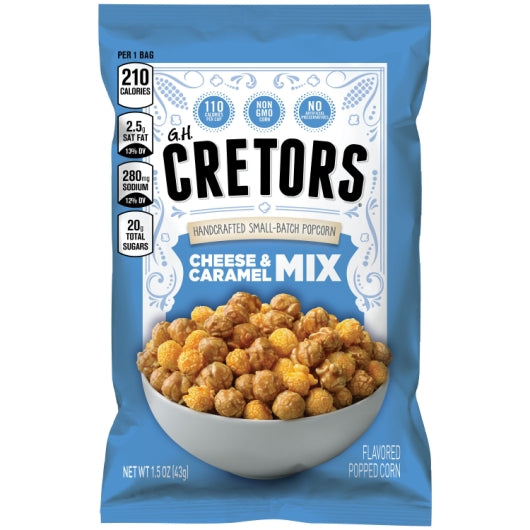G.H. Cretors Cheese & Carmel Flavored Popped Popcorn, 12 x 1.5 oz Case - Popcorn, Pretzels & Snack Mix
