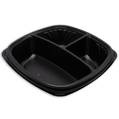 Forum Black Plastic Forum 9" 3 Compartment, Black, Deep, Square Base Container, 4 x 75 x 75 each Case - Plates Bowls