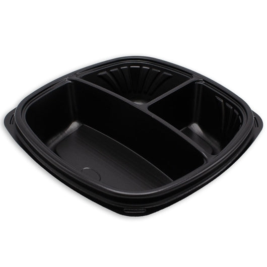 Forum Black Plastic Forum 9" 3 Compartment, Black, Deep, Square Base Container, 4 x 75 x 75 each Case - Plates Bowls