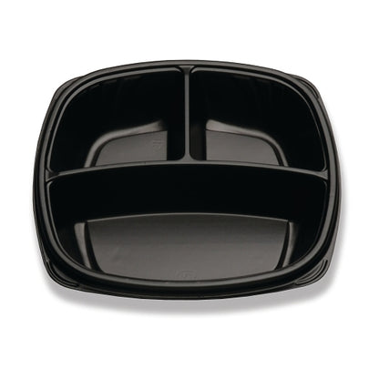 D and W Forum 10" 3 Compartment, Black, Deep, Square Base Container, 4 x 40 x 40 each Case - Food Containers & Lids