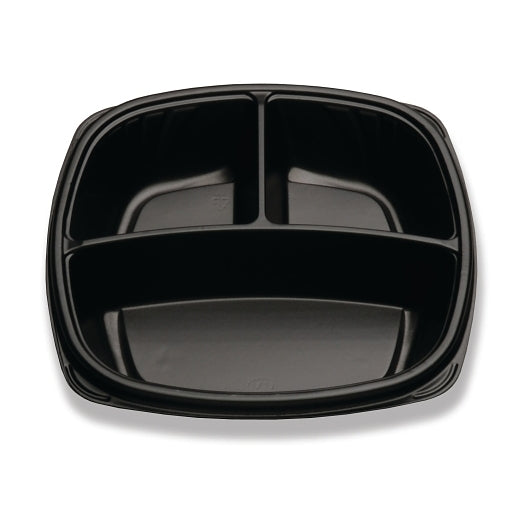 D and W Forum 10" 3 Compartment, Black, Deep, Square Base Container, 4 x 40 x 40 each Case - Food Containers & Lids