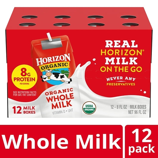 Horizon Organic Shelf-Stable Whole Milk Boxes, 12 x 8 fl oz Case - Beverages
