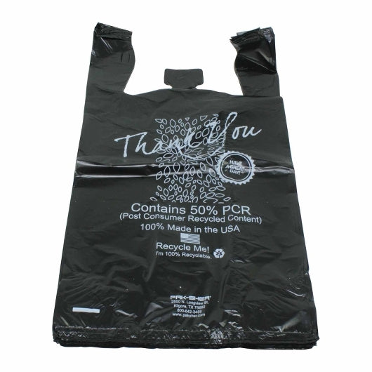 Pak-Sher 12 Inch X 7 Inch X 22 Inch Plastic T-Shirt Black Bag, 1 x 1000 each Case - Disposables