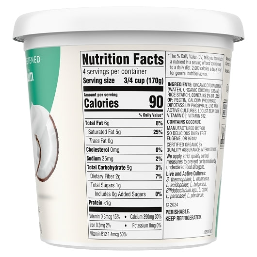 So Delicious Dairy Free Cultured Extended Shelf Life Plain Coconut Unsweetened Yogurt, 6 x 24 oz Case - DOT product image 5