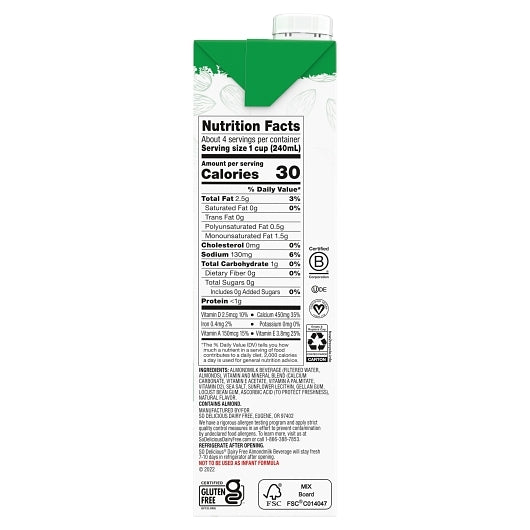 So Delicious Dairy Free Aseptic Unsweetened Almond Milk, 6 x 32 fl oz Case - DOT product image 4