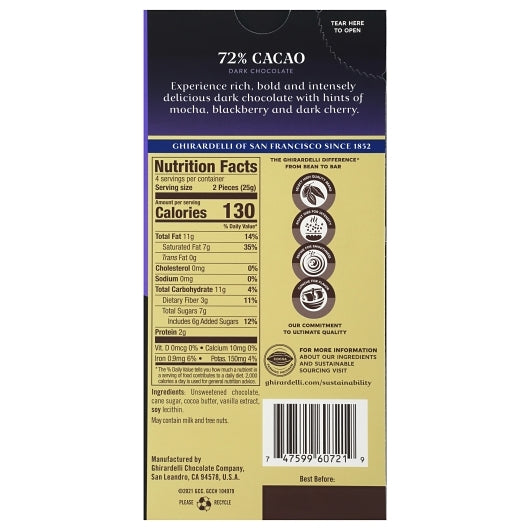 Ghirardelli Intense Dark 72% Cacao Twilight Delight Bar, 12 x 0.219 lb Case - DOT product image 5