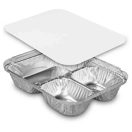 Handi Foil Aluminum Handi-Foil 3 Compartment Aluminum Oblong Tray With Flat Board Lid Combo, 250 x 1 PC Case