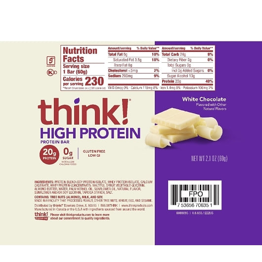 Thinkthin White Chocolate Bar White Chocolate, 12 x 10 x 2.1 oz Case - DOT product image 2