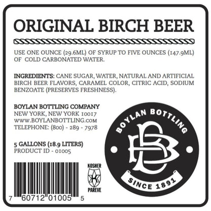 Boylan Bottling Bag-in-Box Original Birch Beer Soda, 1 x 5 GA Case - Full package flat/label artwork