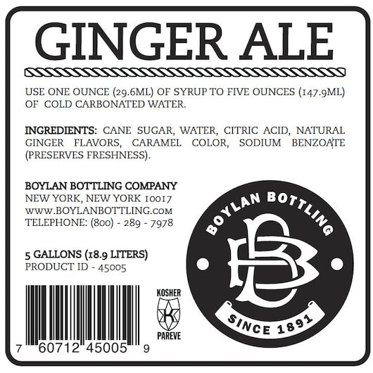 Boylan Bottling Bag-in-Box Ginger Ale Soda, 1 x 5 GA Case - Nutrition facts label
