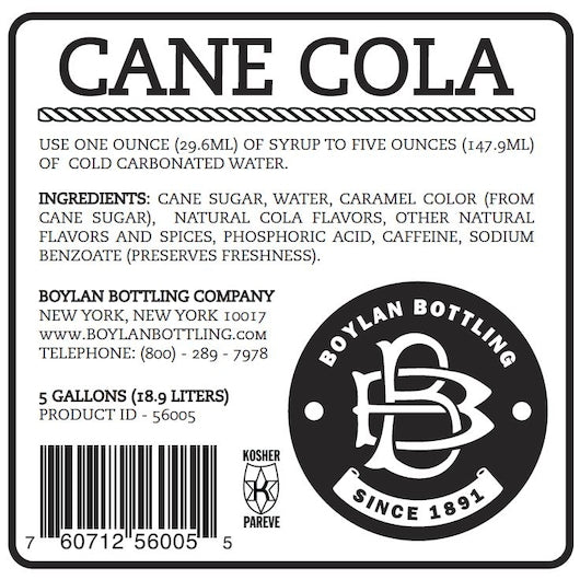 Boylan Bottling Bag-in-Box Cane Cola Soda, 1 x 5 GA Case - Nutrition facts label