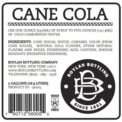 Boylan Bottling Bag-in-Box Cane Cola Soda, 1 x 5 GA Case - Nutrition facts label