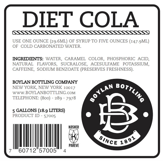 Boylan Bottling Bag-in-Box Diet Cane Cola Soda, 1 x 5 GA Case - Nutrition facts label