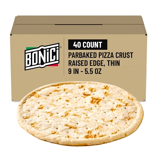 Bonici 9" Raised Edge Thin Par-Baked Pizza Crust, 1 x 40 x 5.5 oz Case - Breads, Rolls & Buns