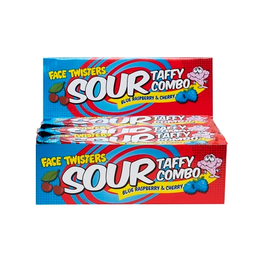 Face Twisters Sour Taffy Combo: Blue Raspberry & Cherry, 2 x 24 x 1.4 oz Case - Candy & Confections