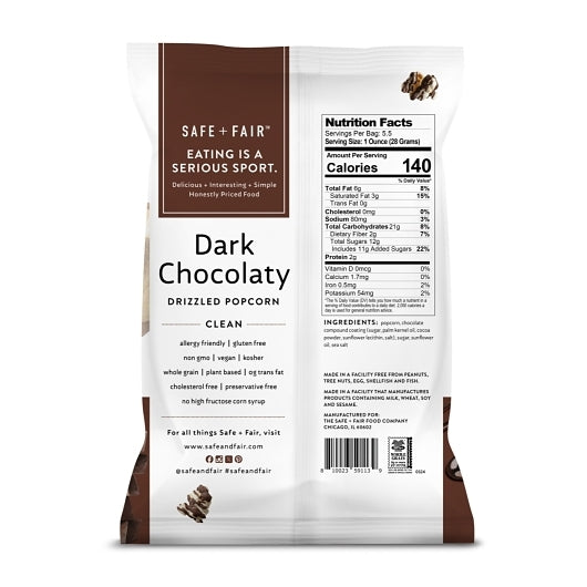 Safe + Fair Drizzled Popcorn Dark Chocolaty Drizzled Popcorn, 6 x 5.5 oz Case - Popcorn, Pretzels & Snack Mix