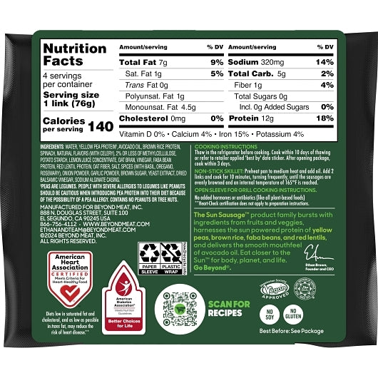 Beyond Meat Vegan Sun Sausage: Pesto, 6 x 4 ct Case - Prepared Foods
