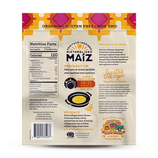Siete Family Foods Yellow Corn Tortillas, 10 x 9.7 oz Case - Frozen Vegetables & Sides