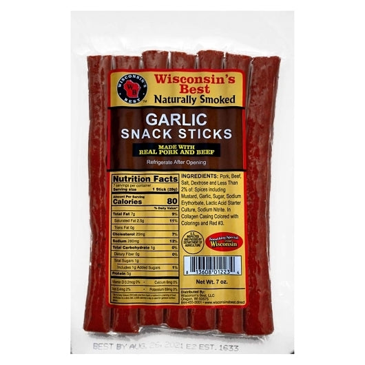 Wisconsin's Best Garlic Beef Snack Sticks, 12 x 7 oz Case - Meat Snacks