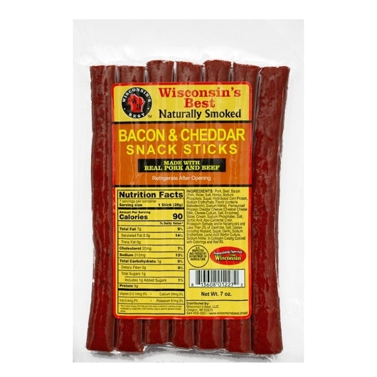 Wisconsin's Best Bacon & Cheddar Beef Snack Sticks, 12 x 7 oz Case - Meat Snacks