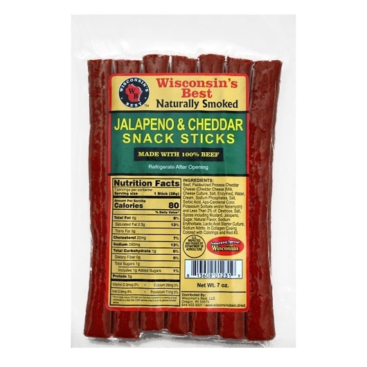 Wisconsin's Best Jalapeno & Cheddar Beef Snack Sticks, 12 x 7 oz Case - Meat Snacks