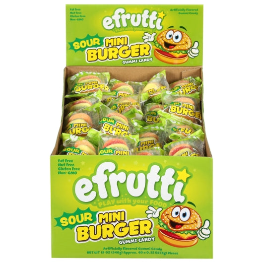 Efrutti Sour Mini Burger, 8 x 60 x 0.32 oz Case - Front/center packaged product image