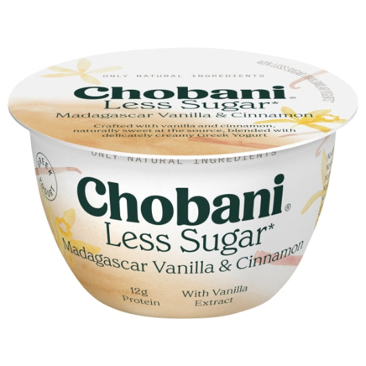 Chobani Less Sugar Vanilla & Cinnamon Greek Yogurt, 12 x 5.3 oz Case - Cheese & Dairy