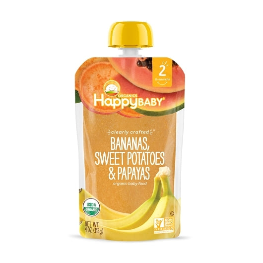 Happy Baby Bananas Sweet Potatoes & Yellow Papayas Pouch, 2 x 8 x 4 oz Case - Fruit & Sides