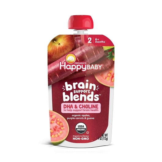 Happy Baby Stage 2 Brain Support Blends Apples, Purple Carrots & Guava With Dha And Choline Pouch, 16 x 4 oz Case