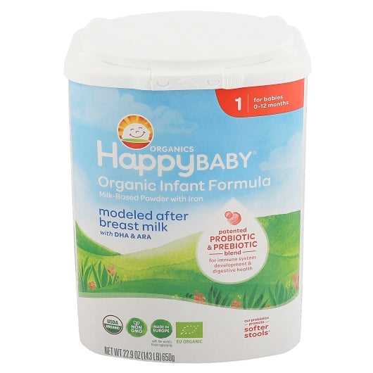Happy Baby Organic Non-GMO Milk-Based Powder Infant Formula Stage 1 Tub with Iron, 6 x 22.9 oz Case - Baby Food