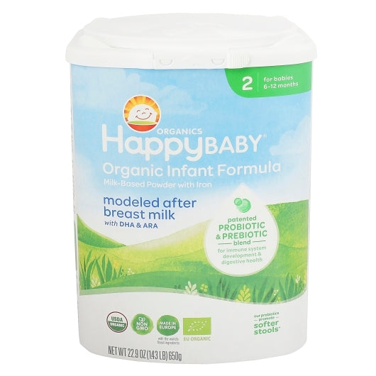 Happy Baby Organic Non-GMO Milk-Based Powder Infant Formula Stage 2 Tub with Prebiotics, 6 x 22.9 oz Case - Baby Food