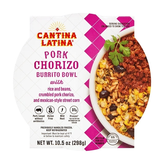 Cantina Latina Pork Chorizo Burrito Bowl With Rice & Beans & Mexican Style Street Corn, 8 x 10.5 oz Case - Plates Bowls
