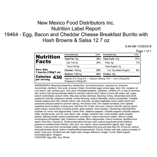 Green Chile Food BACON, Egg & HASHBROWN CHEDDAR BREAKFAST BURRITO, 12 x 1 each Case - DOT product image 2