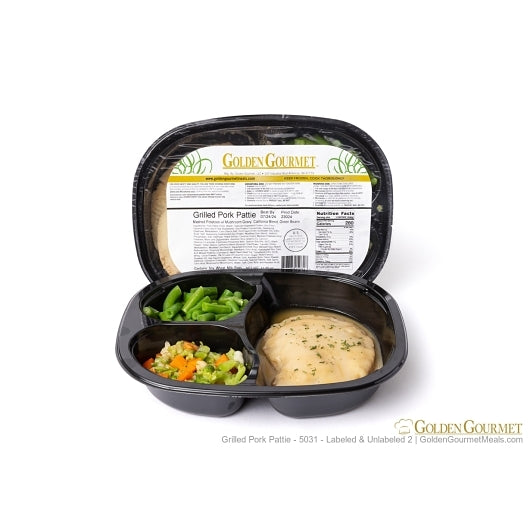Golden Gourmet Charbroiled Pork Patty, Mashed Potatoes with Mushroom Gravy, & California Blend And Green Beans, 20 x 1
