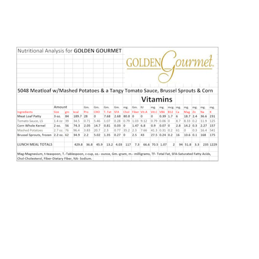 Golden Gourmet Meatloaf With Tomato Sauce, Brussels Sprouts, Mashed Potatoes, 20 x 1 ct Case - Frozen Potatoes Sides
