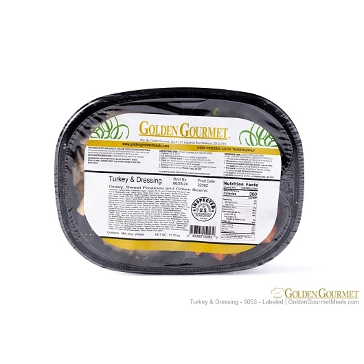 Golden Gourmet Turkey & Dressing with Gravy, Green Beans, & Corn, 20 x 1 ct Case - Supplemental package label
