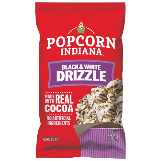 Popcorn Indiana Black And White Fudge Drizzled Popcorn, 6 x 6 oz Case - Popcorn, Pretzels & Snack Mix