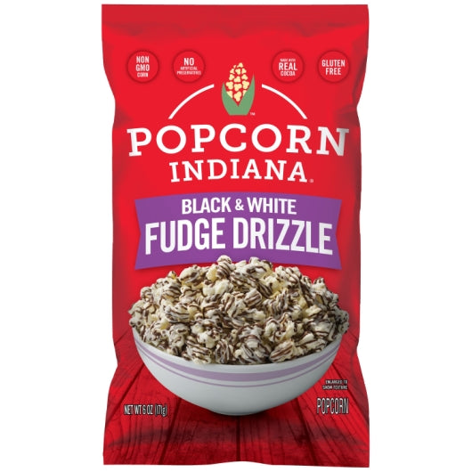 Popcorn Indiana Black And White Fudge Drizzled Popcorn, 6 x 6 oz Case - Popcorn, Pretzels & Snack Mix