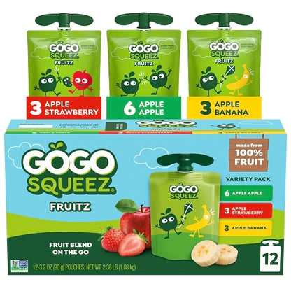 Gogo Squeez Apple, Banana & Strawberry Applesauce Variety Pack, 6 x 12 each Case - Dried Fruit & Fruit Snacks