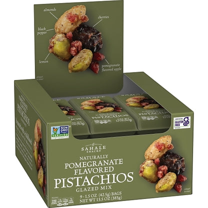 Sahale Pomegranate Pistachios Glazed Mix, 12 x 9 x 1.5 oz Case - GS1 open-case image