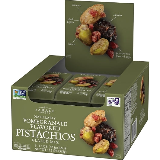 Sahale Pomegranate Pistachios Glazed Mix, 12 x 9 x 1.5 oz Case - GS1 open-case image