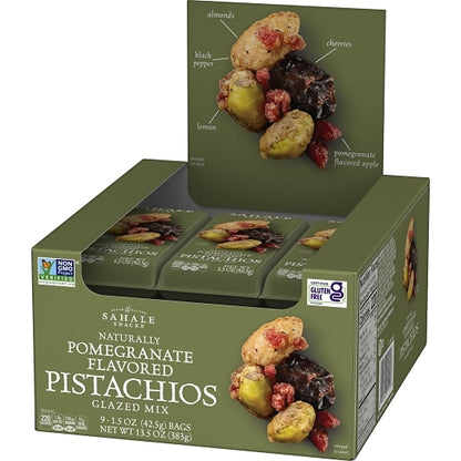Sahale Pomegranate Pistachios Glazed Mix, 12 x 9 x 1.5 oz Case - GS1 open-case image
